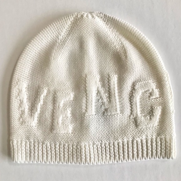 Givenchy Tonal Raised Logo Jacquard Knit Wool Beanie Hat Cream Off White NWT main image 10